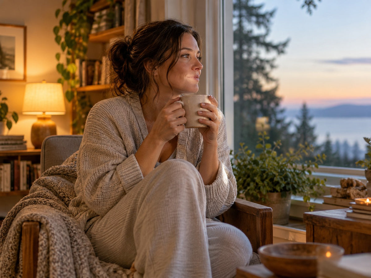 Mother enjoying a quiet cup of tea by the window in the early morning.